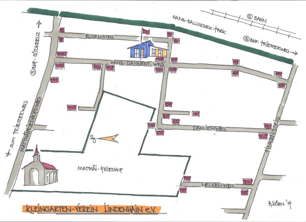 Karte des Kleingartenvereins Lindenhain zwischen Hans-Balluschek-Park, Matthäi-Friedhofsweg und Finkensteig