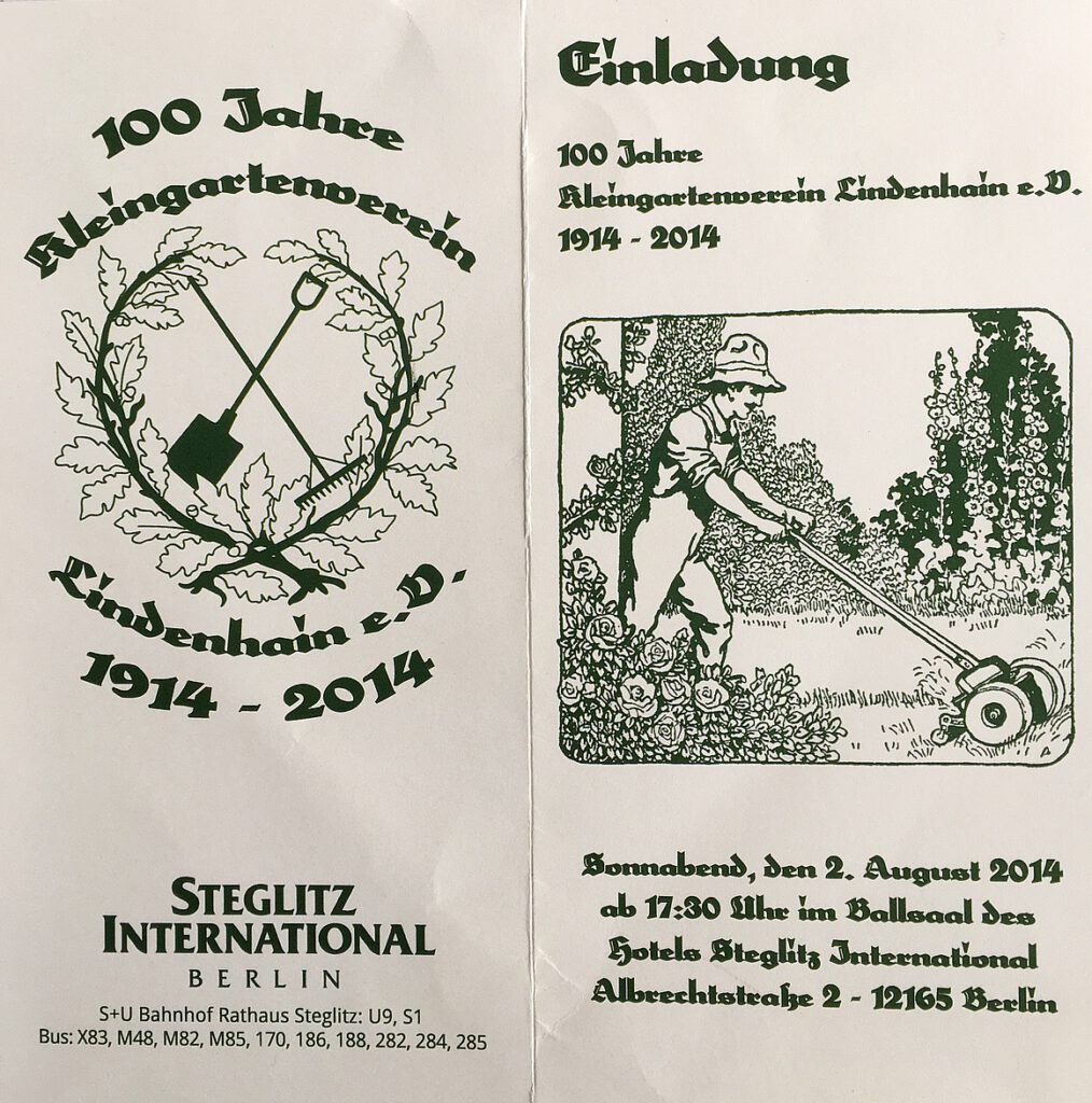 Einladung zur 100-Jahr-Feier von Lindenhain ins Hotel Steglitz International